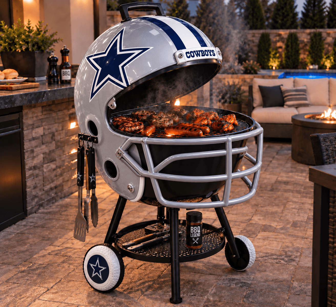 Dallas Cowboys helmet-shaped grill pictured on a patio with its lid raised.