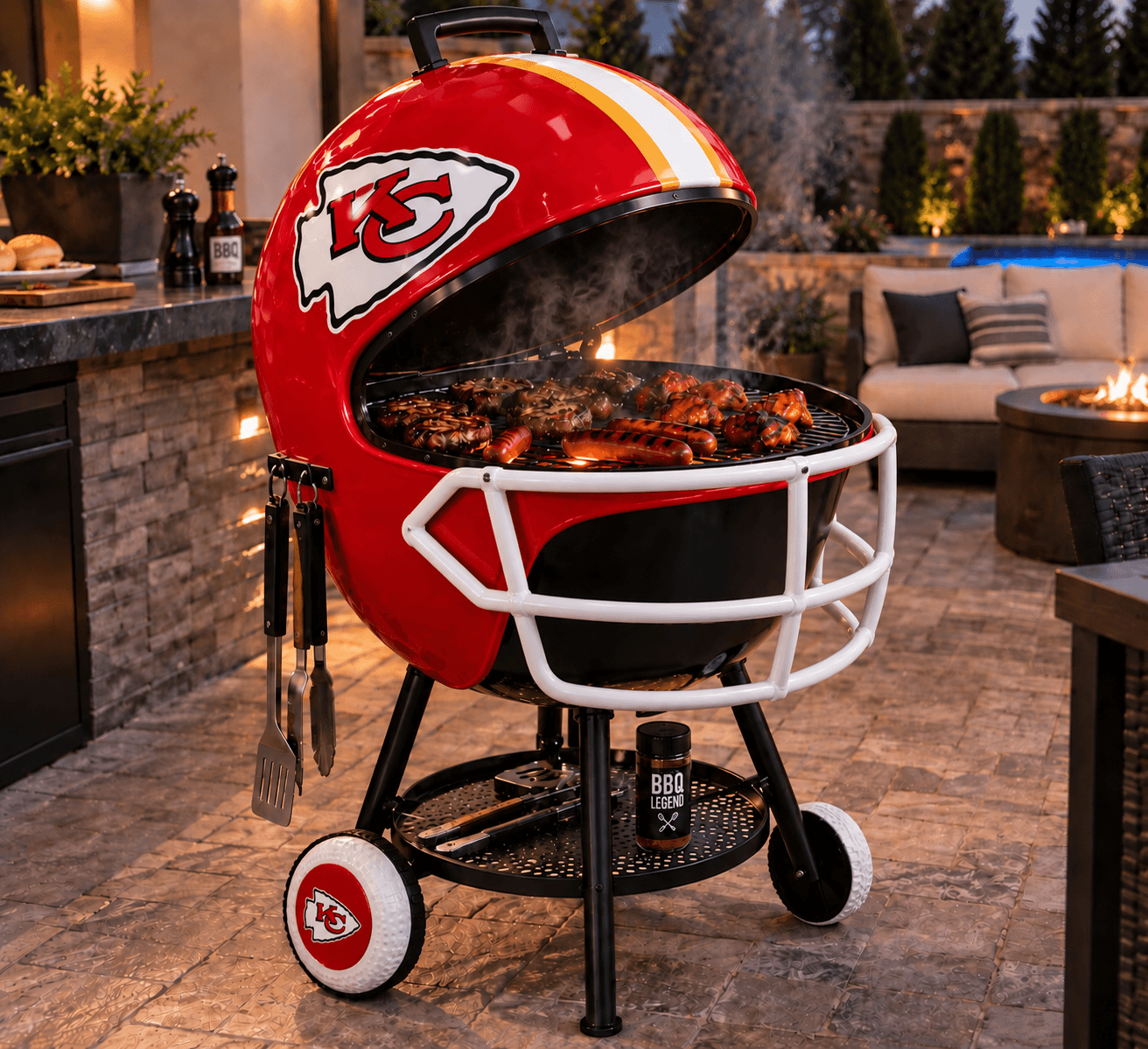 Kansas City Chiefs helmet-shaped grill pictured on a patio with its lid raised.