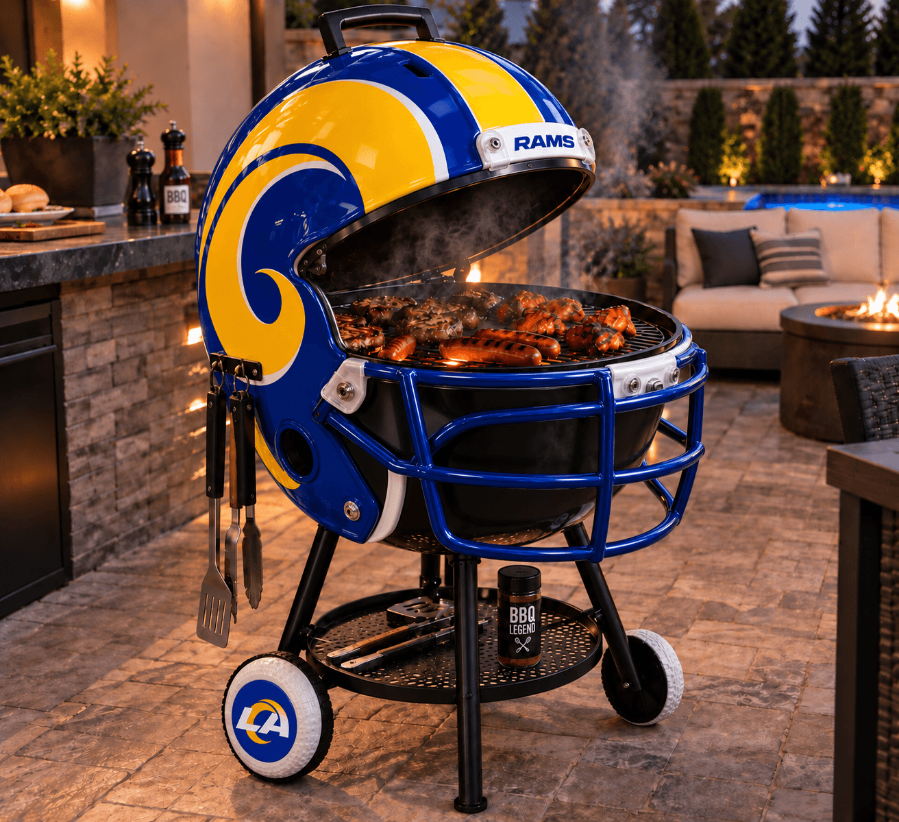 Los Angeles Rams helmet-shaped grill pictured on a patio with its lid raised.