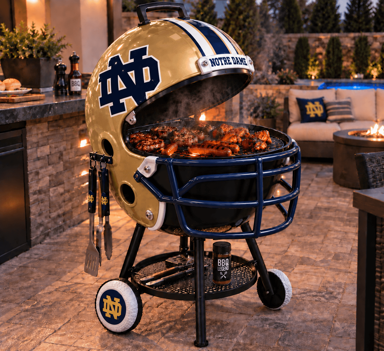 Notre Dame helmet-shaped grill pictured on a patio with its lid raised.
