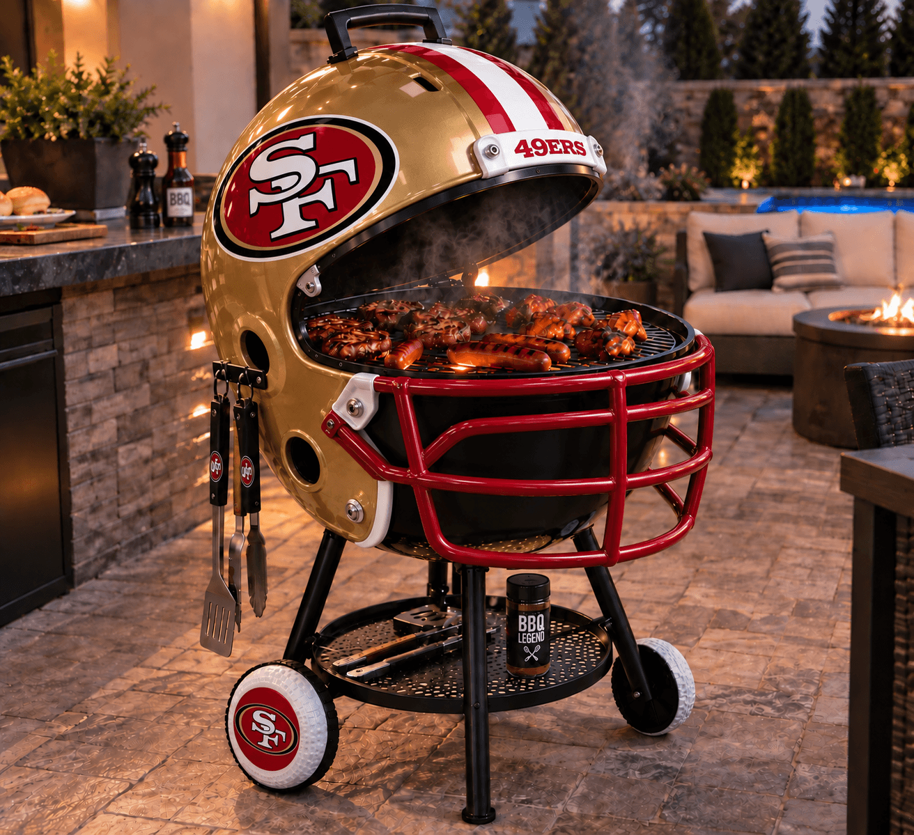 San Francisco 49ers helmet-shaped grill pictured on a patio with its lid raised.
