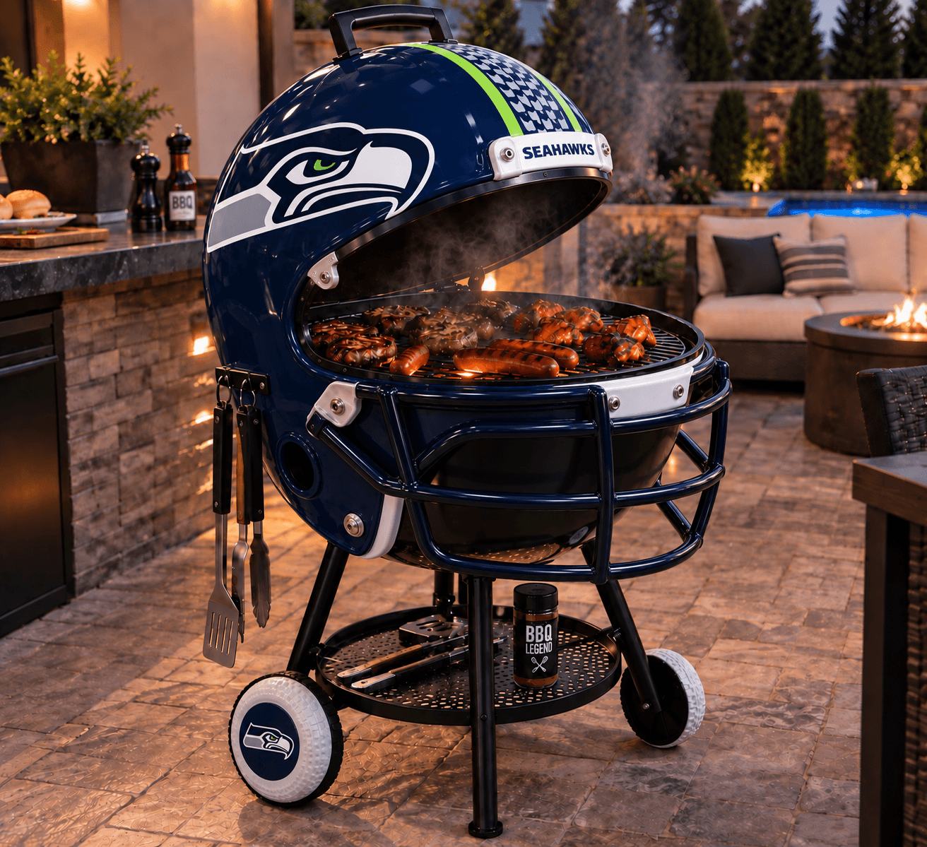 Seattle Seahawks helmet-shaped grill pictured on a patio with its lid raised.